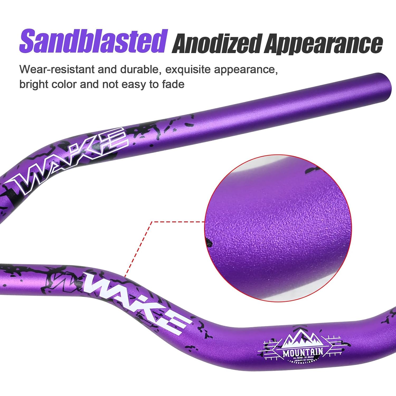 Detalle de Wake Bike Handlebar 31.8mm x 780mm Extra Long Wide Riser Bar – 6061-T6 Aluminium, Purple