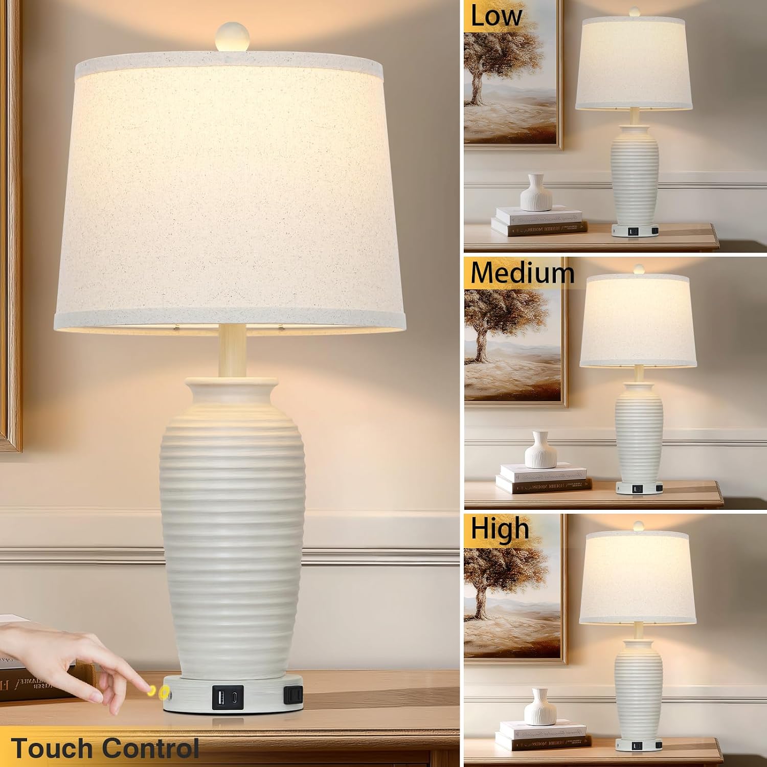 Detalle de CINSARY TD-CS-225-1PK 25" Farmhouse Table Lamp with Touch Dimming, USB-A/C & AC Outlet