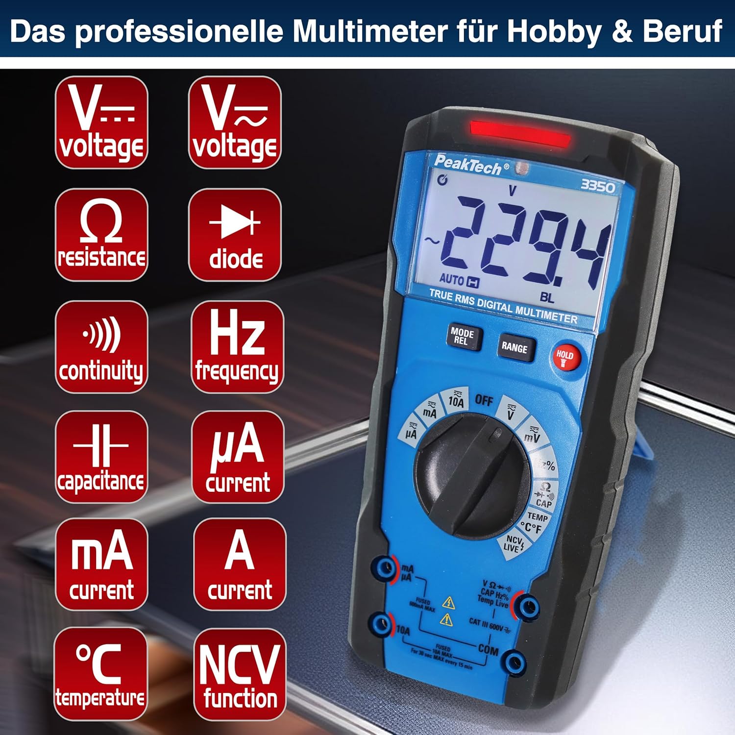 Thumbnail 2 de PeakTech P 3350 – True RMS Multimeter mit Digitalanzeige, 6000 Counts, Auto-Range, 10 A, CAT III 600 V
