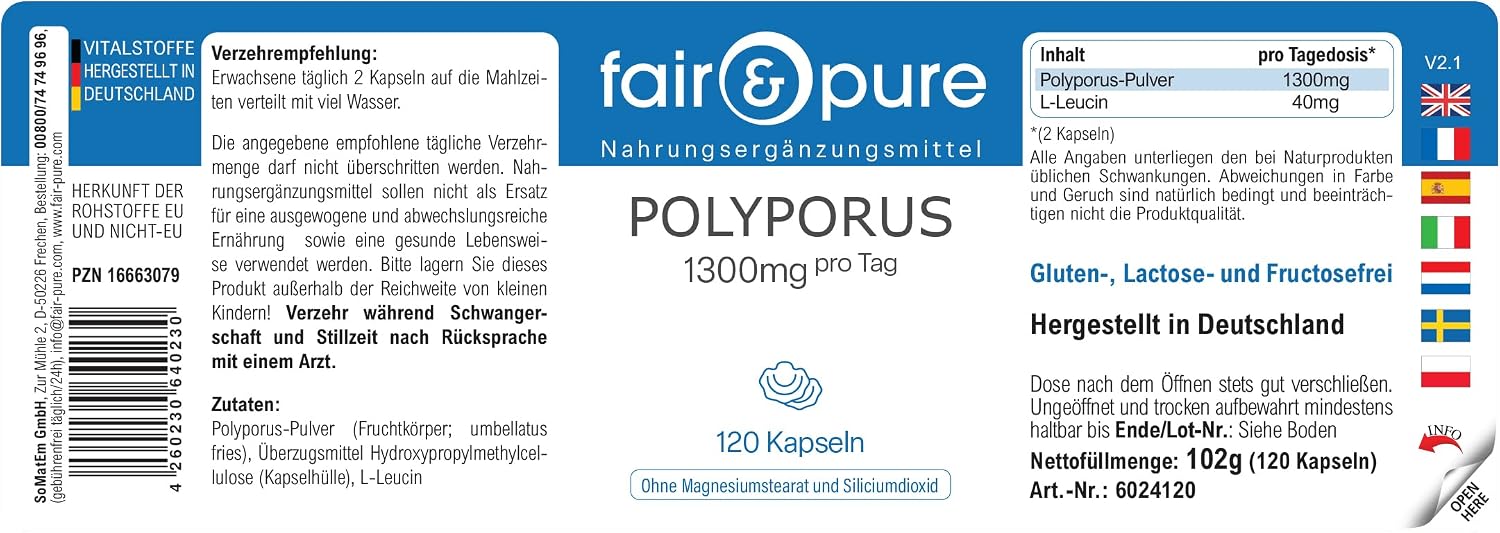 Thumbnail 6 de Fair & Pure Polyporus 1300 mg – vegane Nahrungsergänzungsmittel, 120 Kapseln, hergestellt in Deutschland