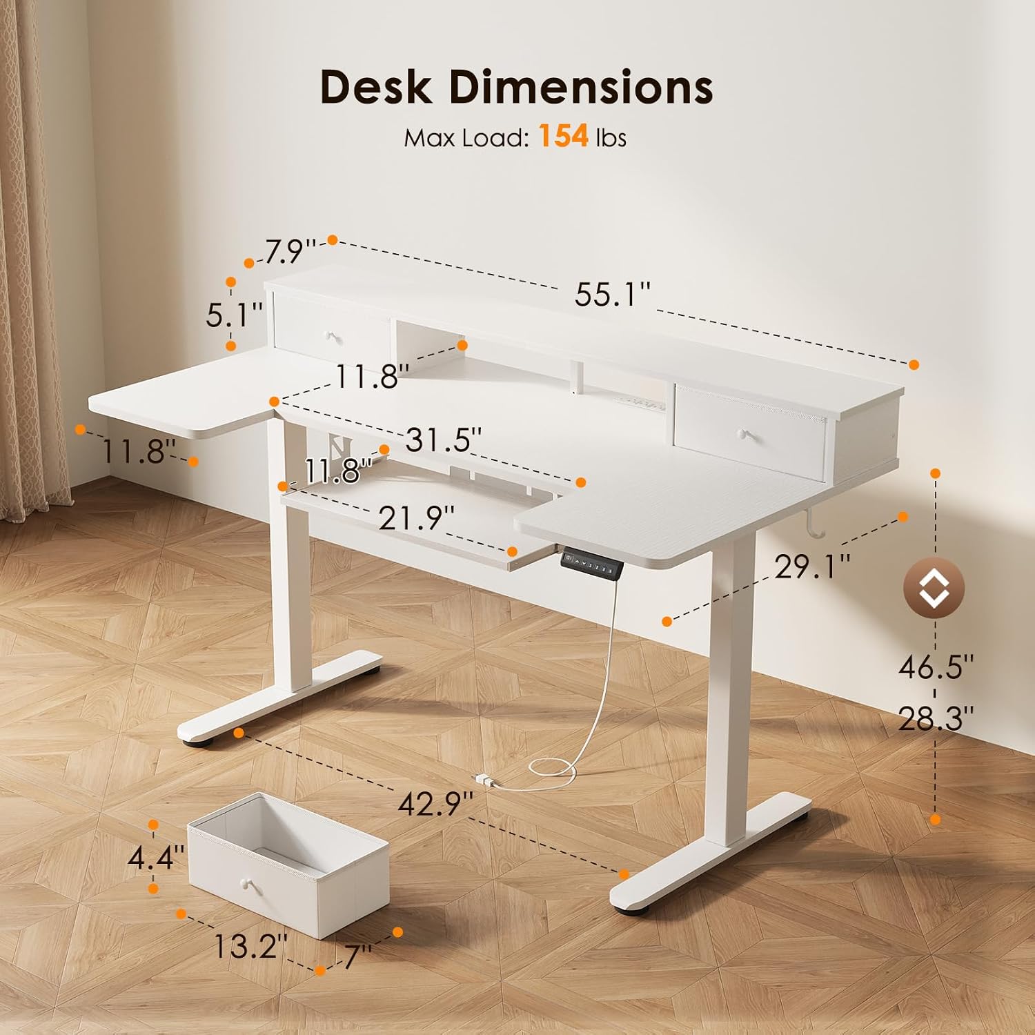 Detalle de OffiGo 55-Inch U-Shaped Standing Desk with Drawers, Keyboard Tray, and Power