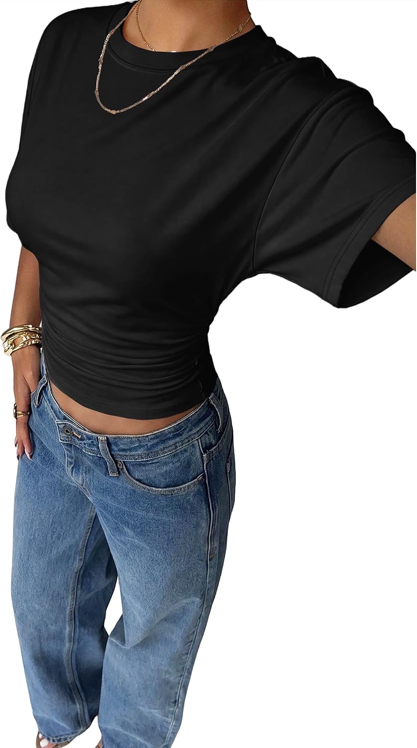 Thumbnail 3 de Sampeel Crop Summer Tops 2026: Batwing Short Sleeve Tee with Ruched Waist