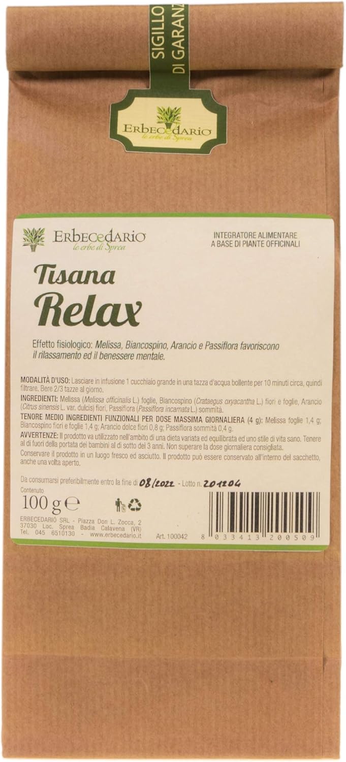 Detalle de Tisana Relax Rilassante Erbecedario 100 g: calma naturali per stress e insonnia