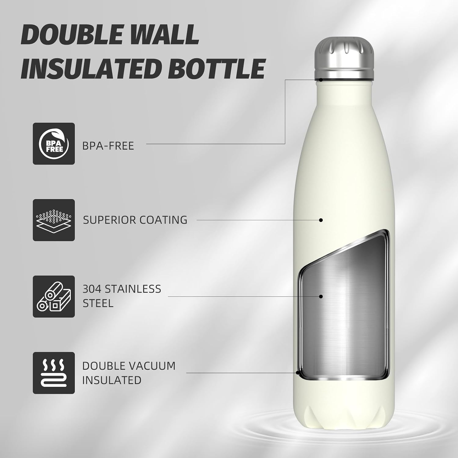 Detalle de WATERSY Stainless Steel Insulated Water Bottle (Cream White) – double-walled vacuum flask, 500ml