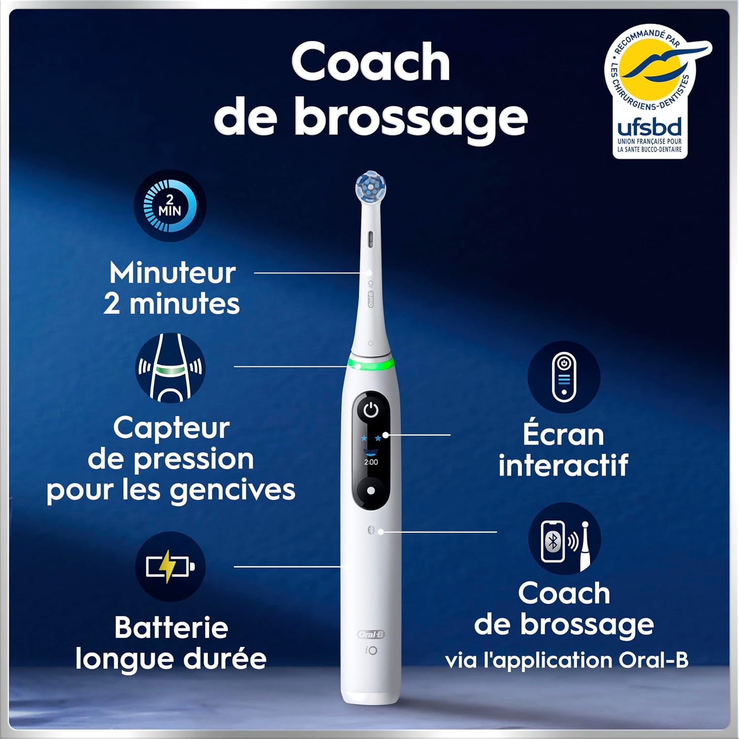 Detalle de Oral-B iO 6 Blanche – brosse à dents électrique avec 5 modes, capteur de pression et écran interactif
