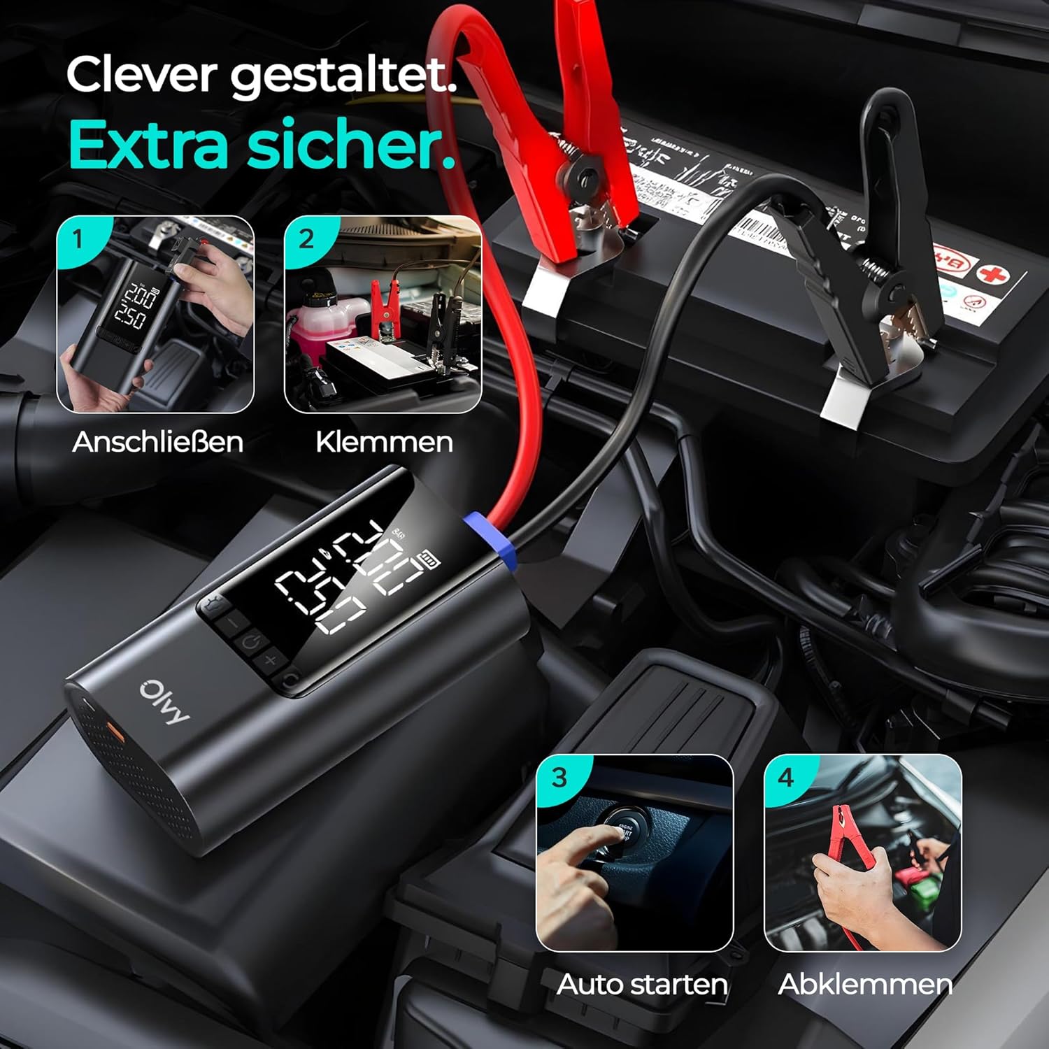 Detalle de Olvy 4-in-1 Tragbarer Starthilfe-Booster mit Luftkompressor – 1500 A Spitzenleistung, 12000 mAh Powerbank