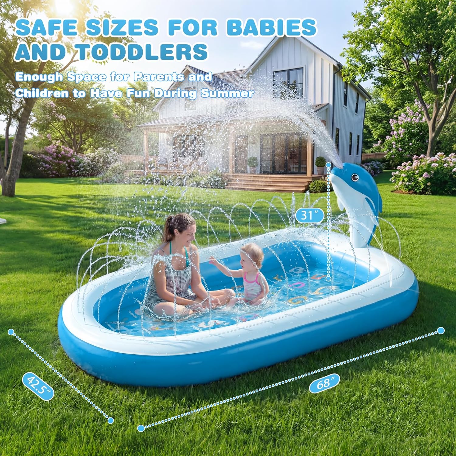 Thumbnail 2 de Splash Pads for Toddlers 1-3 Dolphin Sprinkler: 68" Backyard Inflatable Kiddie Pool