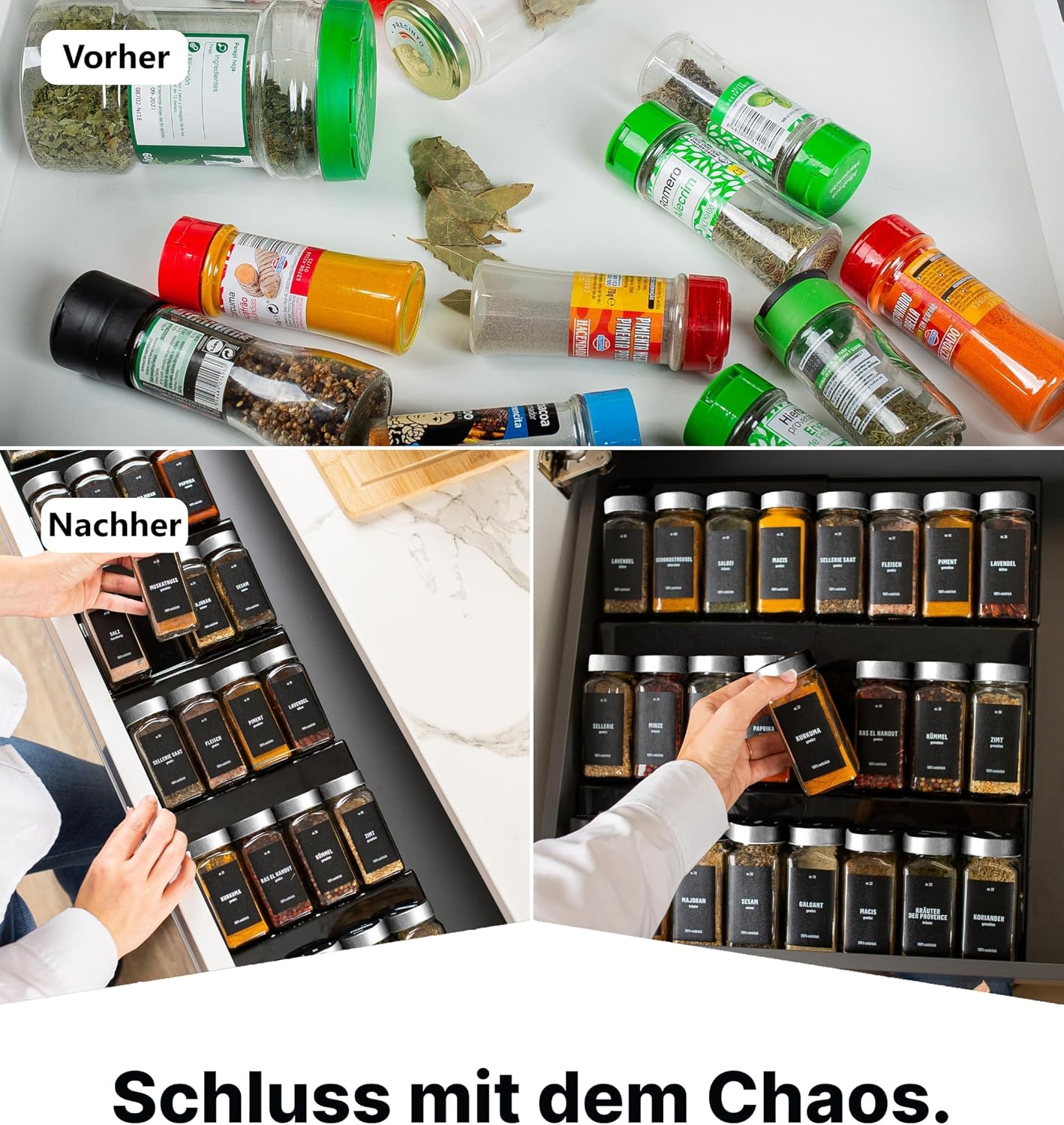 Detalle de Deco haus Gewürzregal mit 24 Gläsern – ausziehbarer Gewürz-Schubladeneinsatz mit Etiketten