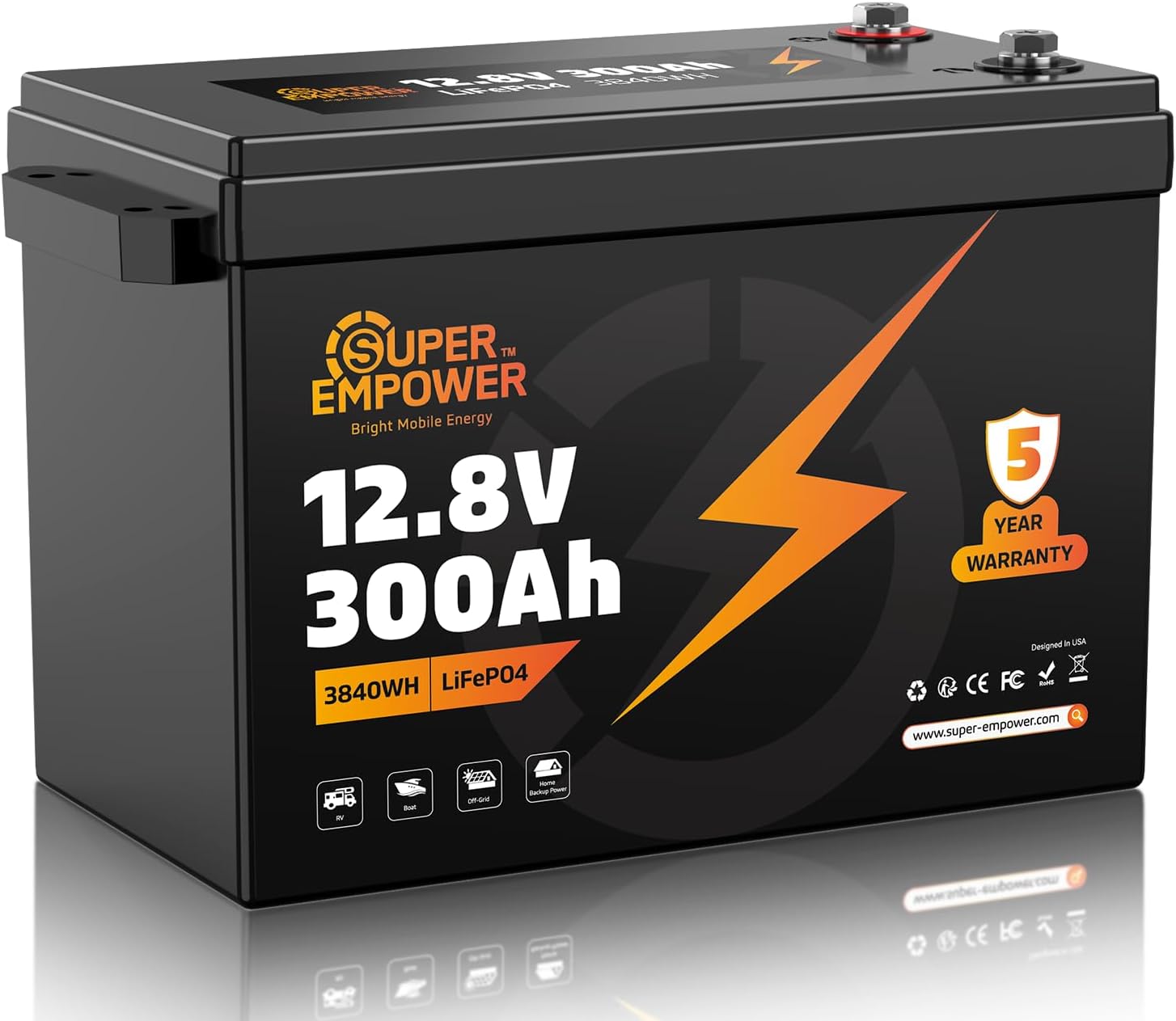 Detalle de SUPER EMPOWER 12300-180L 12V 300Ah LiFePO4 Battery, 3840Wh, 200A BMS