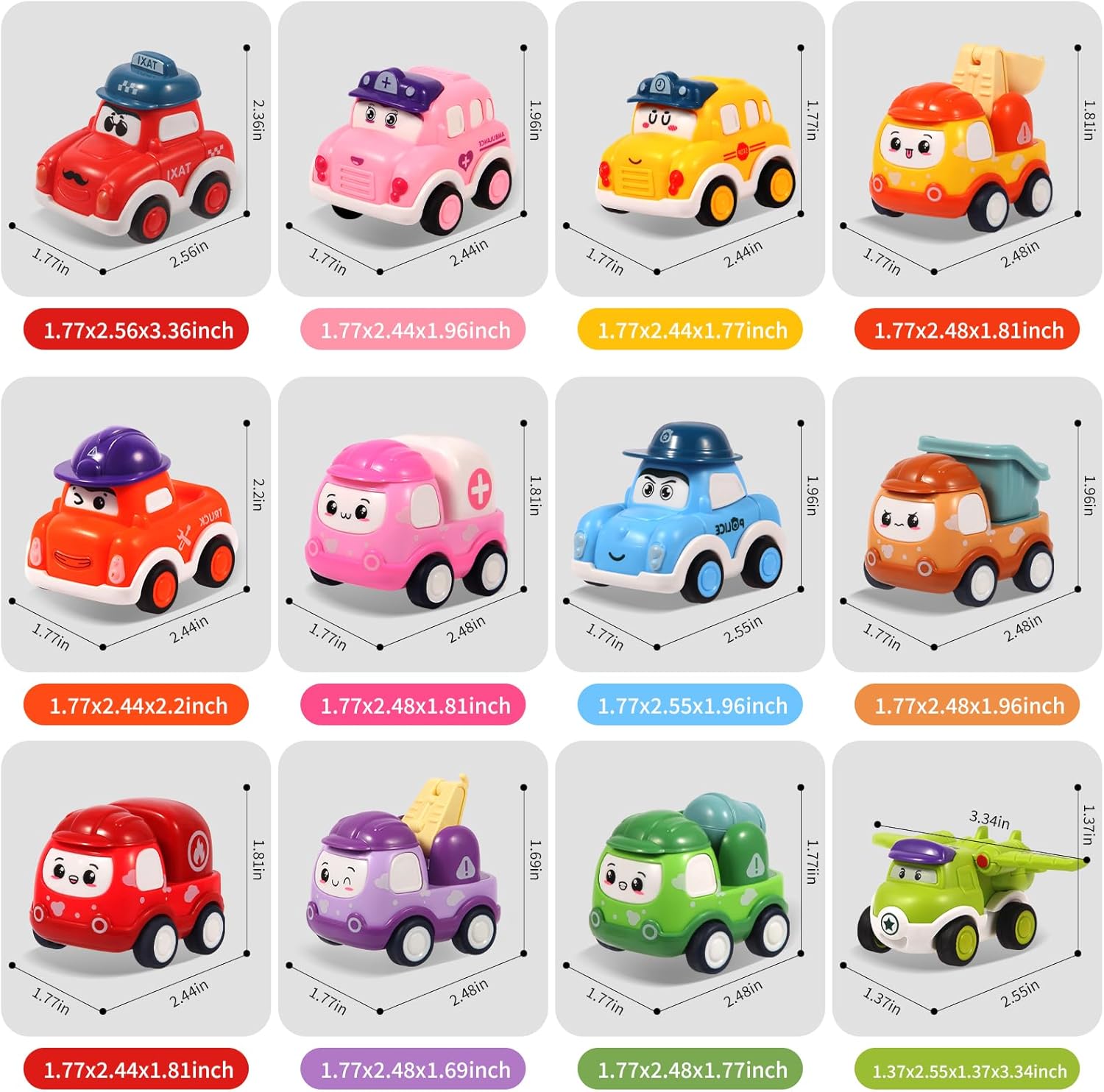 Detalle 2 de 12-Piece Pull-Back Car Set for Toddlers (Ages 12–36 Months) — Bright Construction & Racing Vehicle Toys