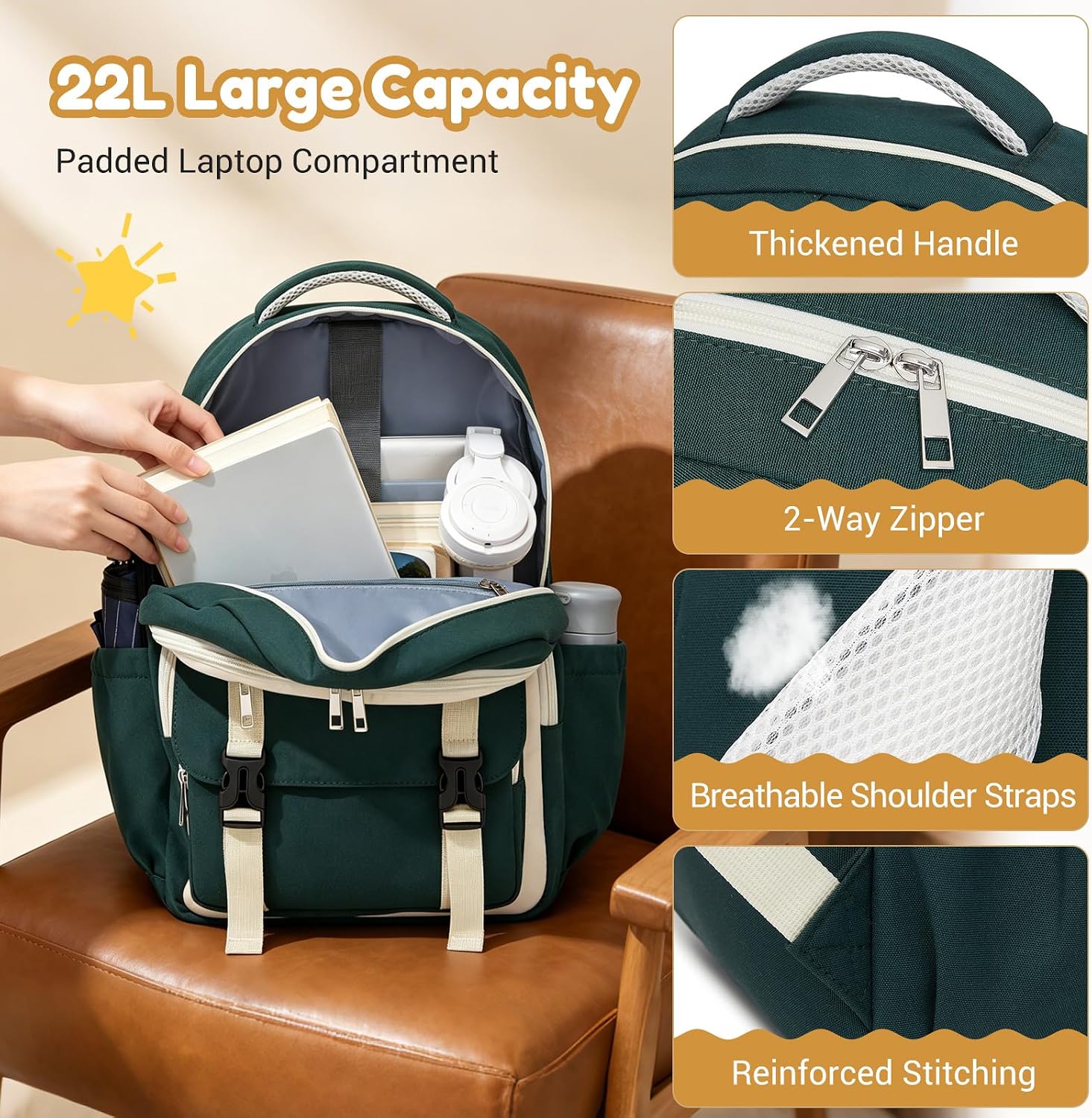 Thumbnail 2 de KONO Schulrucksack Teenager – Leichter Rucksack mit 15,6-Zoll Laptopfach, Grün/Beige