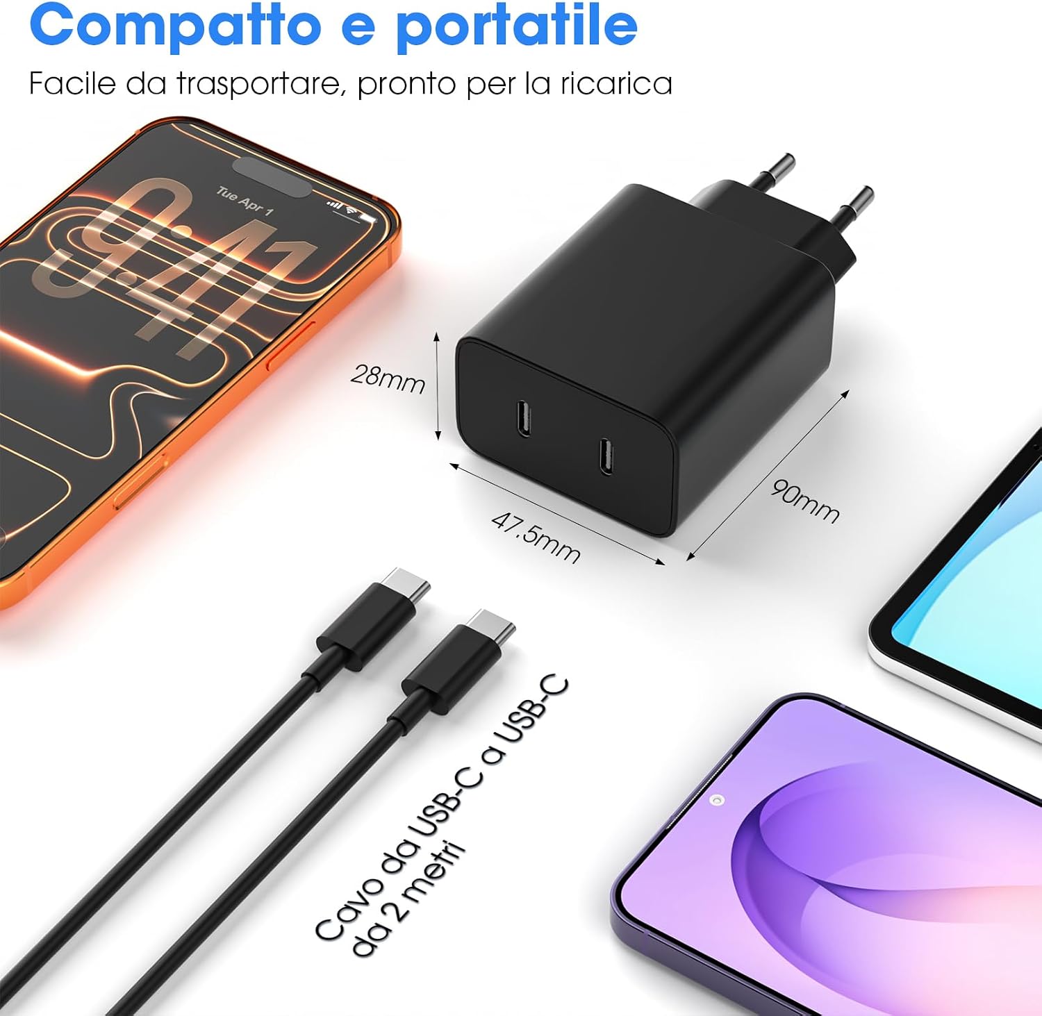 Thumbnail 6 de Caricatore USB-C 45W a 2 porte (2 cavi da 2 m) – 2 Pack per Samsung e iPhone
