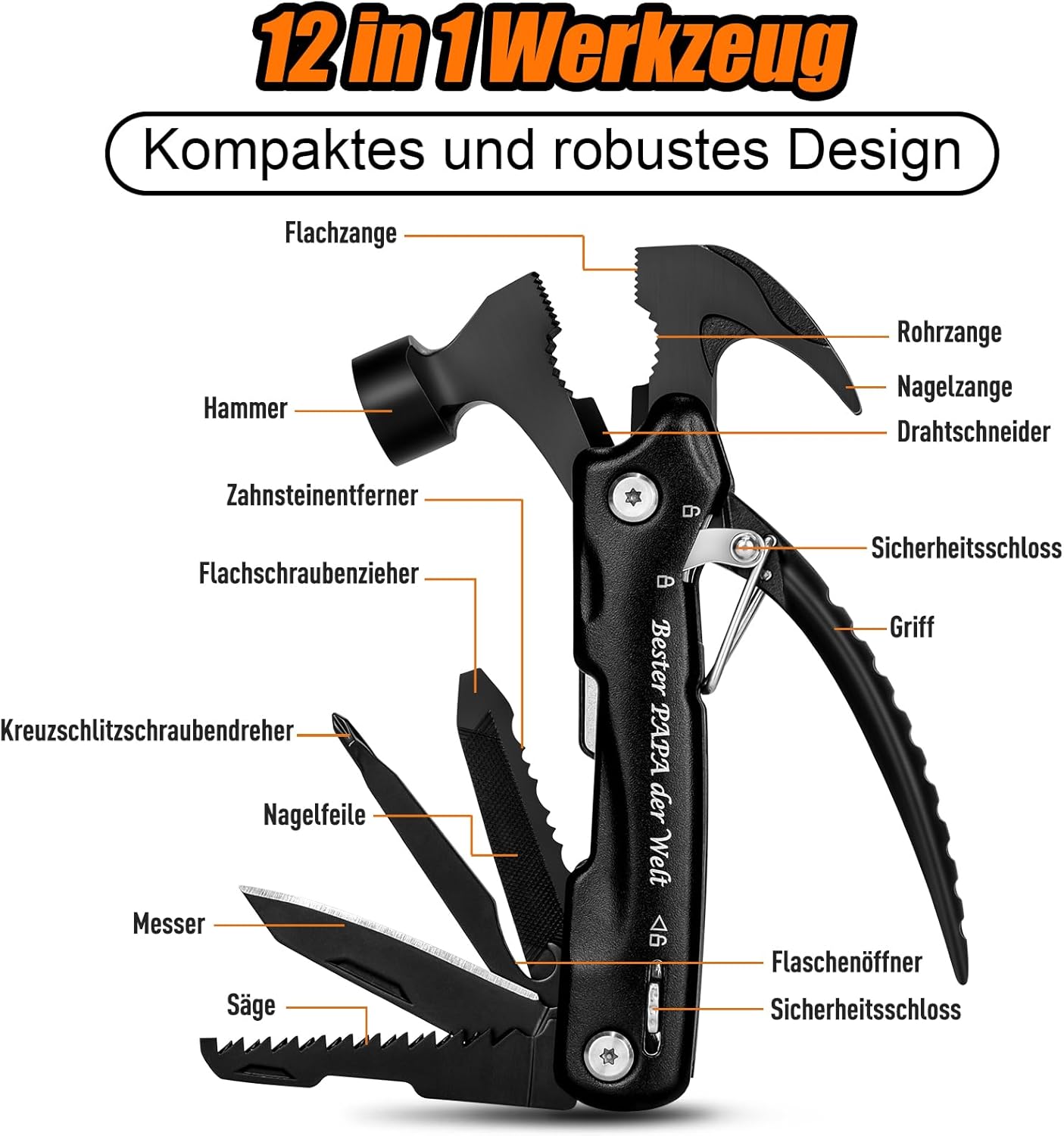 Detalle de BIIB 12-in-1 Multitool Hammer – Vatertagsgeschenk für Papa, kompakt und zuverlässig