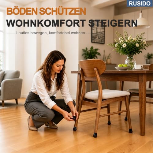 Detalle de RUSIDO 24 Stuhlbeinkappen Schwarz - Gummi, Filzgleiter für Stühle (Fit 14–20 mm)