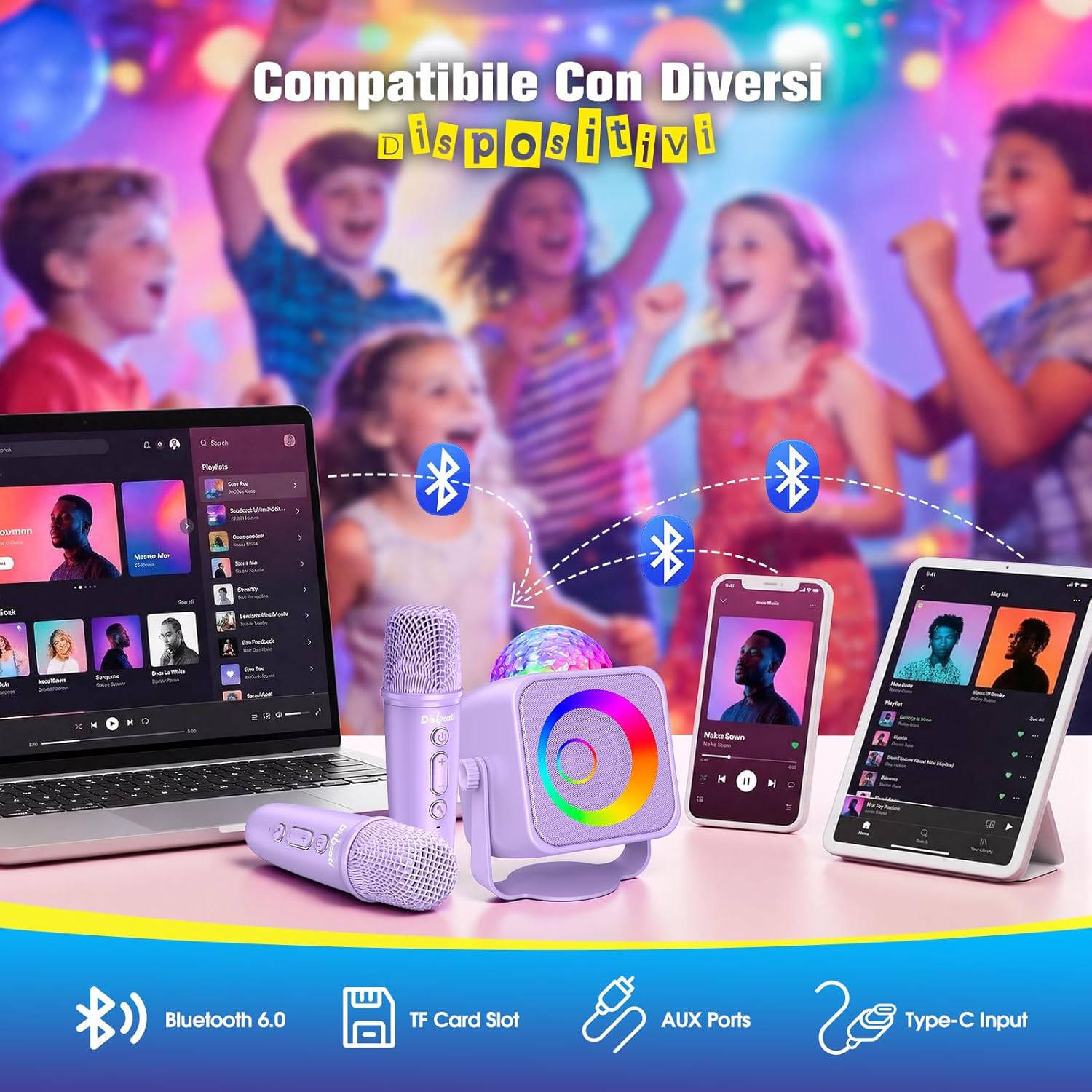 Detalle de Dislocati Karaoke con 2 Microfono Bambini: karaoke Bluetooth con luci, supporto 360° e effetti vocali