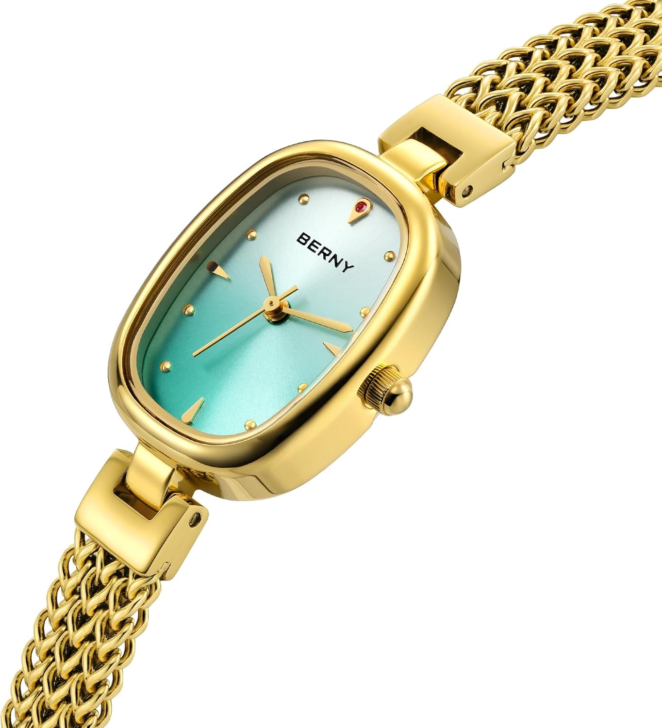 Thumbnail 1 de BERNY Gold Damen Quarzuhr mit ungleichmäßig quadratischem Zifferblatt – wasserresistentes Mesh-Armband