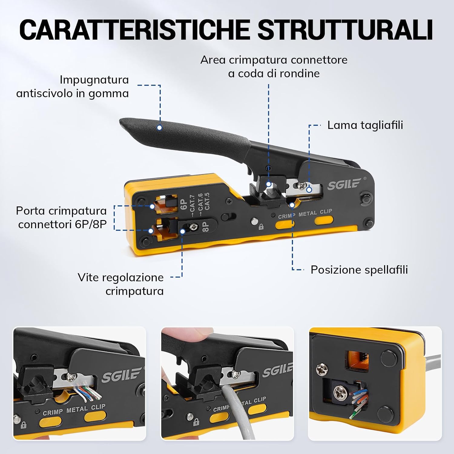 Detalle de SGILE Kit di Attrezzi per Rete: Crimpatrice Pass-Through RJ45 e Set CAT6/7 Completo