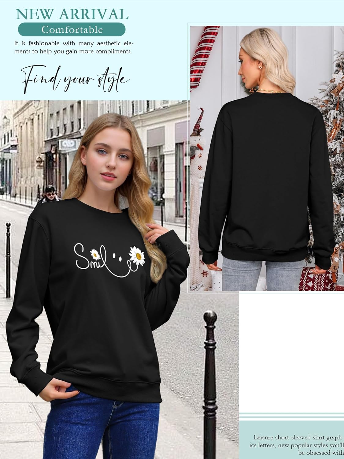 Detalle de Yihelian Damen Sweatshirt mit Gänseblümchen Muster – Weicher Baumwollpullover im Oversize, Rundhals