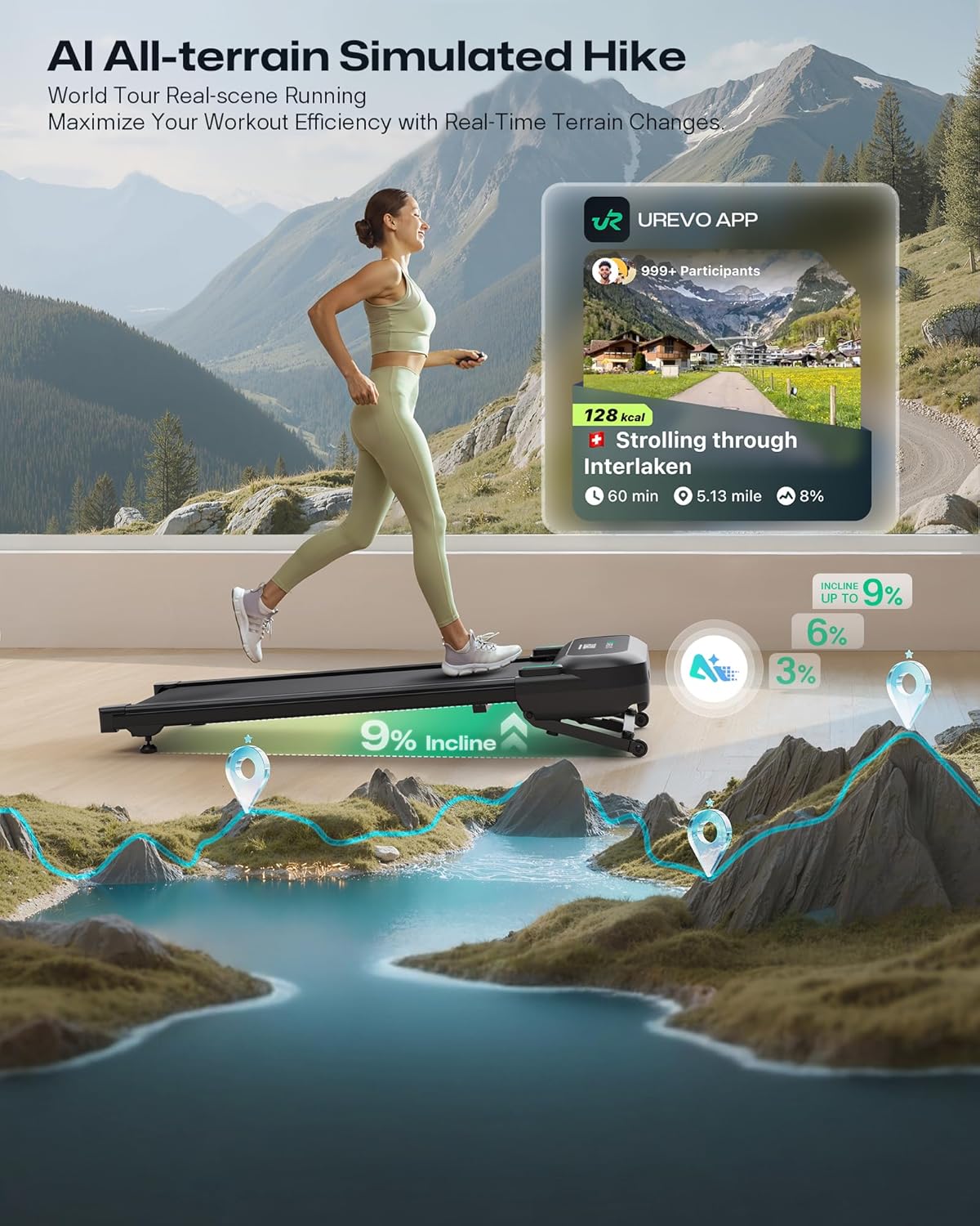 Thumbnail 6 de UREVO Tapis de Course Inclinaison Automatique à 9% – Marche et randonnée à domicile, avec entraînements HIIT et IA