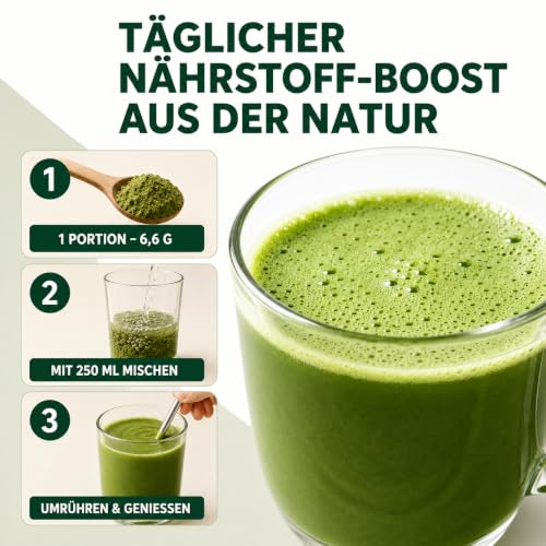 Detalle de Grüne Entgiftungspulver, 200g von Jowenchii – veganes Superfood-Pulver mit Matcha, Gerstengras, Spirulina & Wildheidelbeere