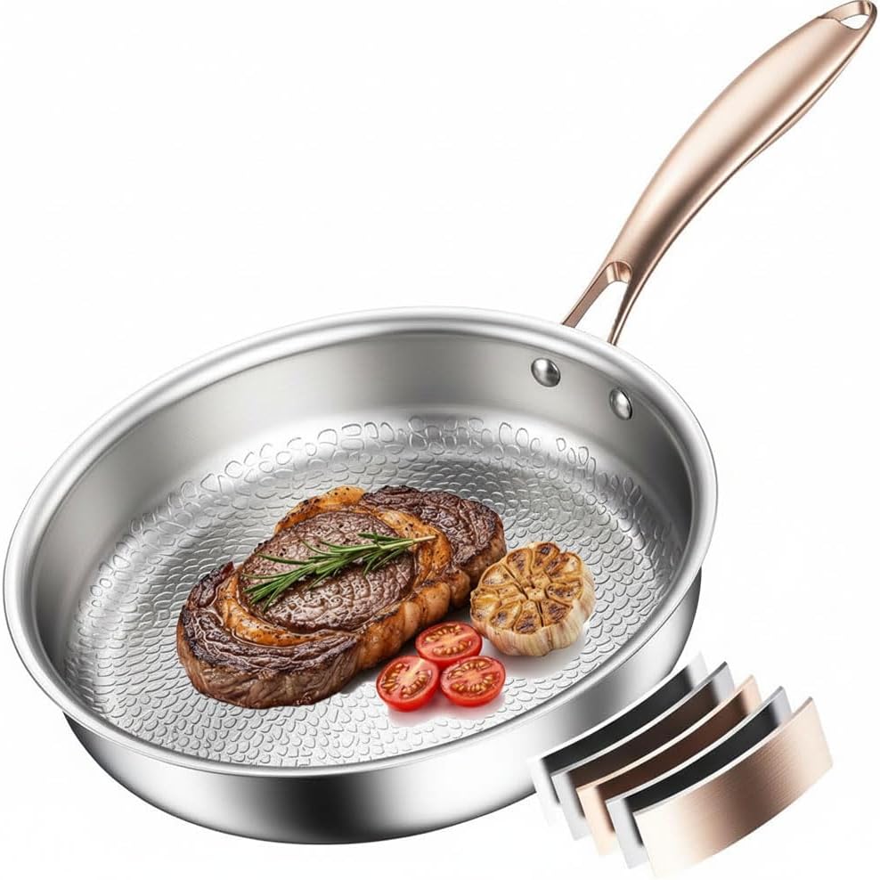 Imagen de Akaice Titanium Frying Pan 26cm — 5 Ply, Non‑Coating, Ergonomic Rose Gold Handle en OfertitasTOP