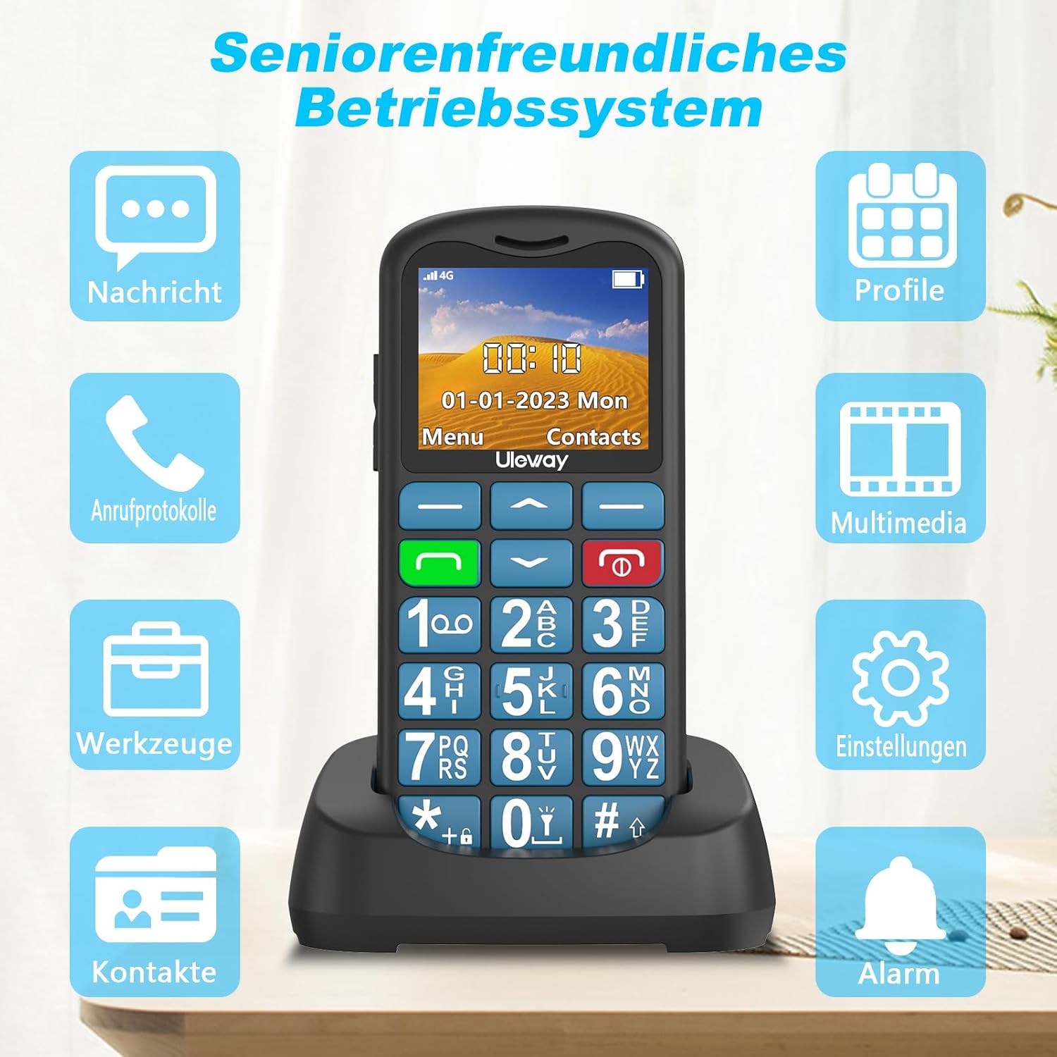 Detalle de uleway Seniorenhandy mit großen Tasten, 4G ohne Vertrag und SOS-Notruftaste (Nano-SIM, 1,77-Zoll-Display), Blau