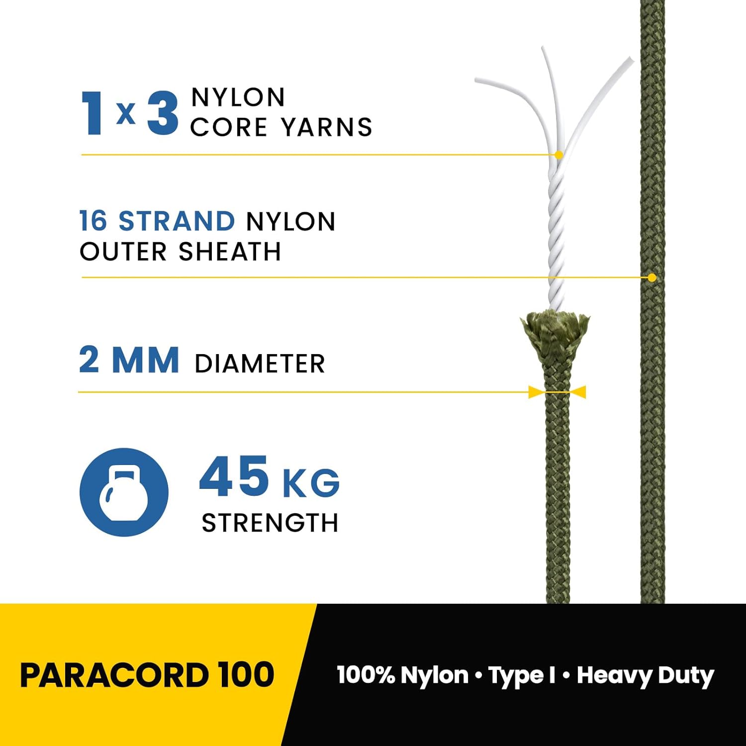 Detalle de Kamu Synber 2mm Paracord 100M – 100% Nylon, Tragkraft 45 kg, Allzweckseil für Outdoor, Basteln und Survival