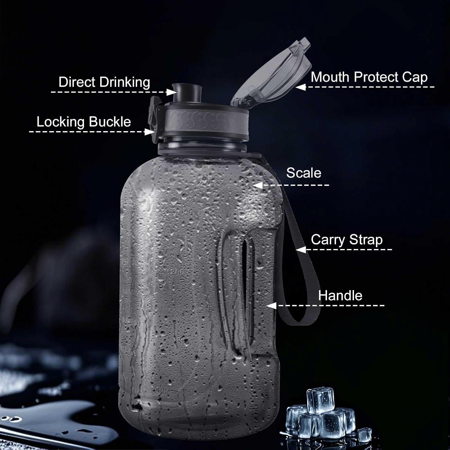 Detalle de GEMFUL 2 Liter Trinkflasche mit Zeitmarkierung – BPA-frei, auslaufsicher, mit Tragegriff (Grau)