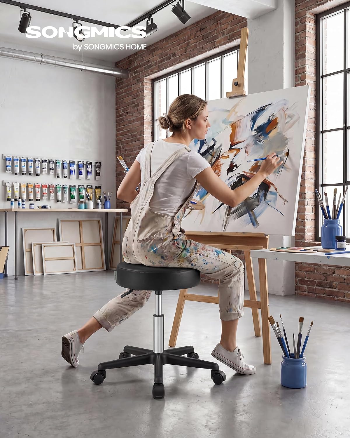 Detalle de SONGMICS Drehhocker auf Rollen LJB61B – höhenverstellbar (46–58 cm) für Studio, Salon & Büro