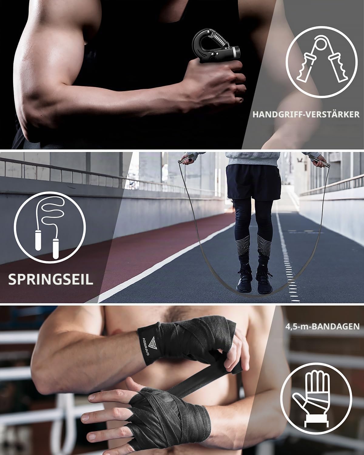Detalle 2 de ASBRAVO Boxsack für Erwachsene – 4ft PU-Leder, ungefüllt, inkl. 12oz Boxhandschuhe, 5m Handwraps, Springseil und Griffstärkungsgerät