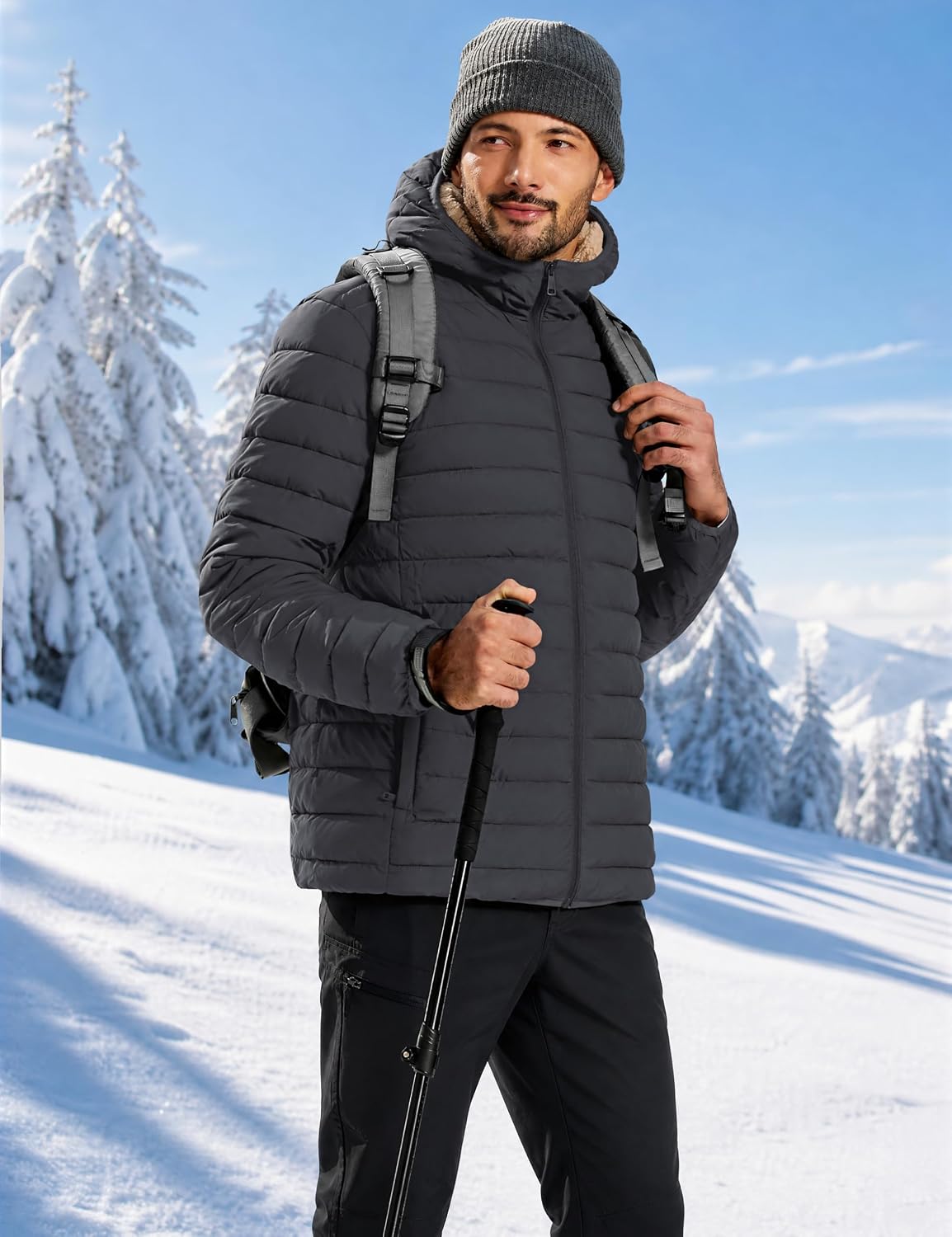 Detalle de TACVASEN Men's Hooded Puffer Jacket with Sherpa Lining and Zip Pockets