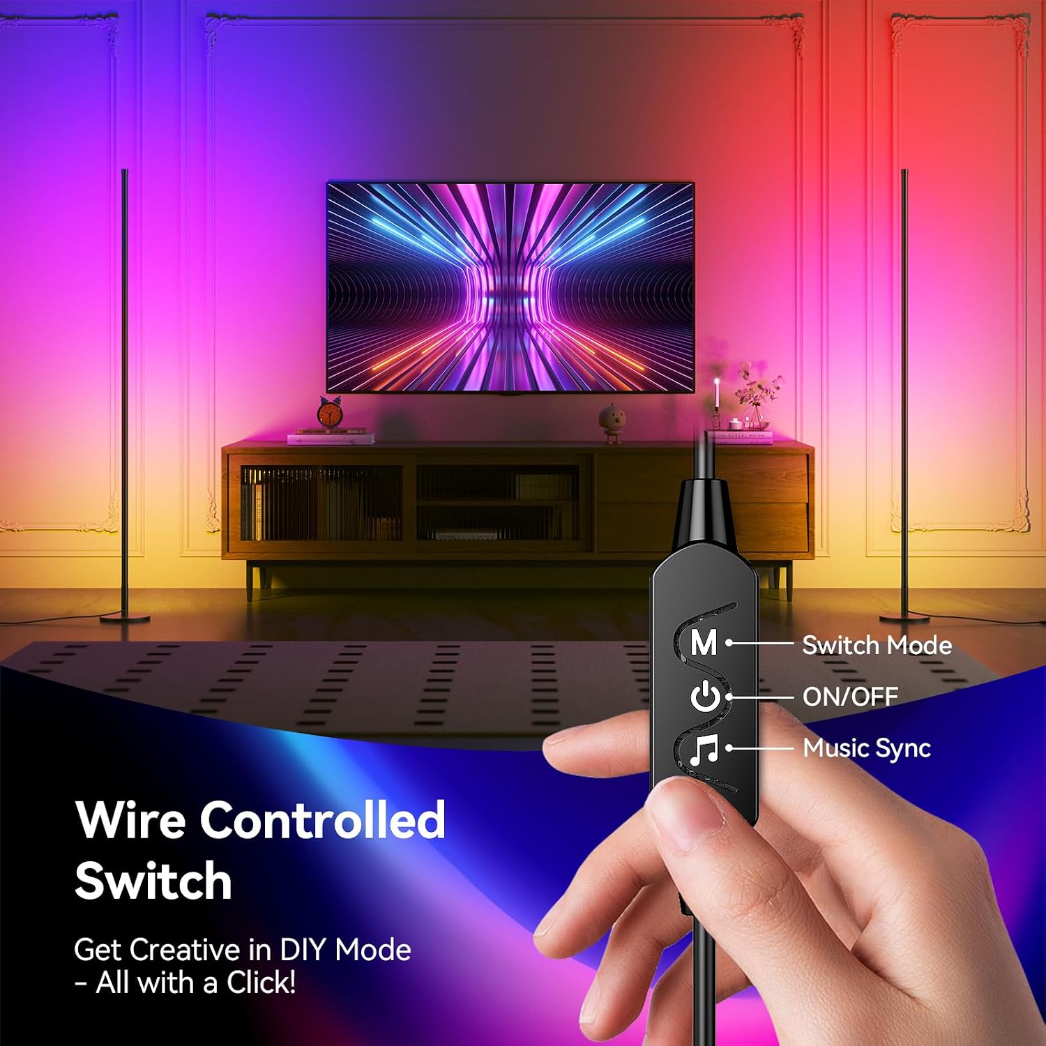 Detalle de YICAIZI Corner Floor Lamp – Smart RGB corner light with app, remote, music sync and timing, 160cm