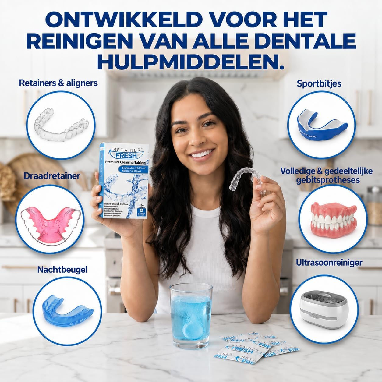 Detalle de Retainer Fresh 120tablets reinigingstabletten voor beugels, 120 stuks met muntgeur