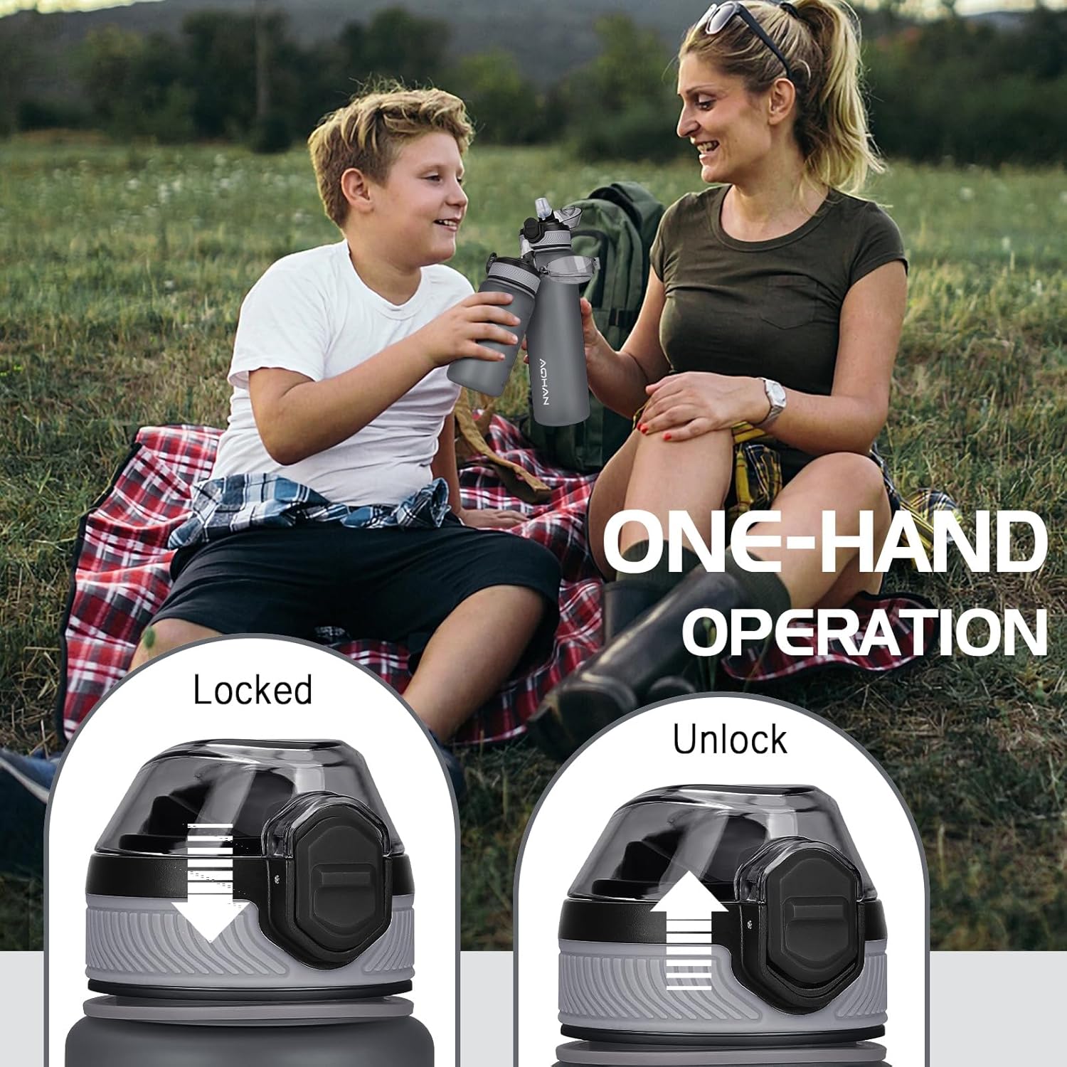 Thumbnail 3 de AOHAN Trinkflasche 600 ml mit auslaufsicherem Klappdeckel, Stroh und Tragegurt (BPA-frei)