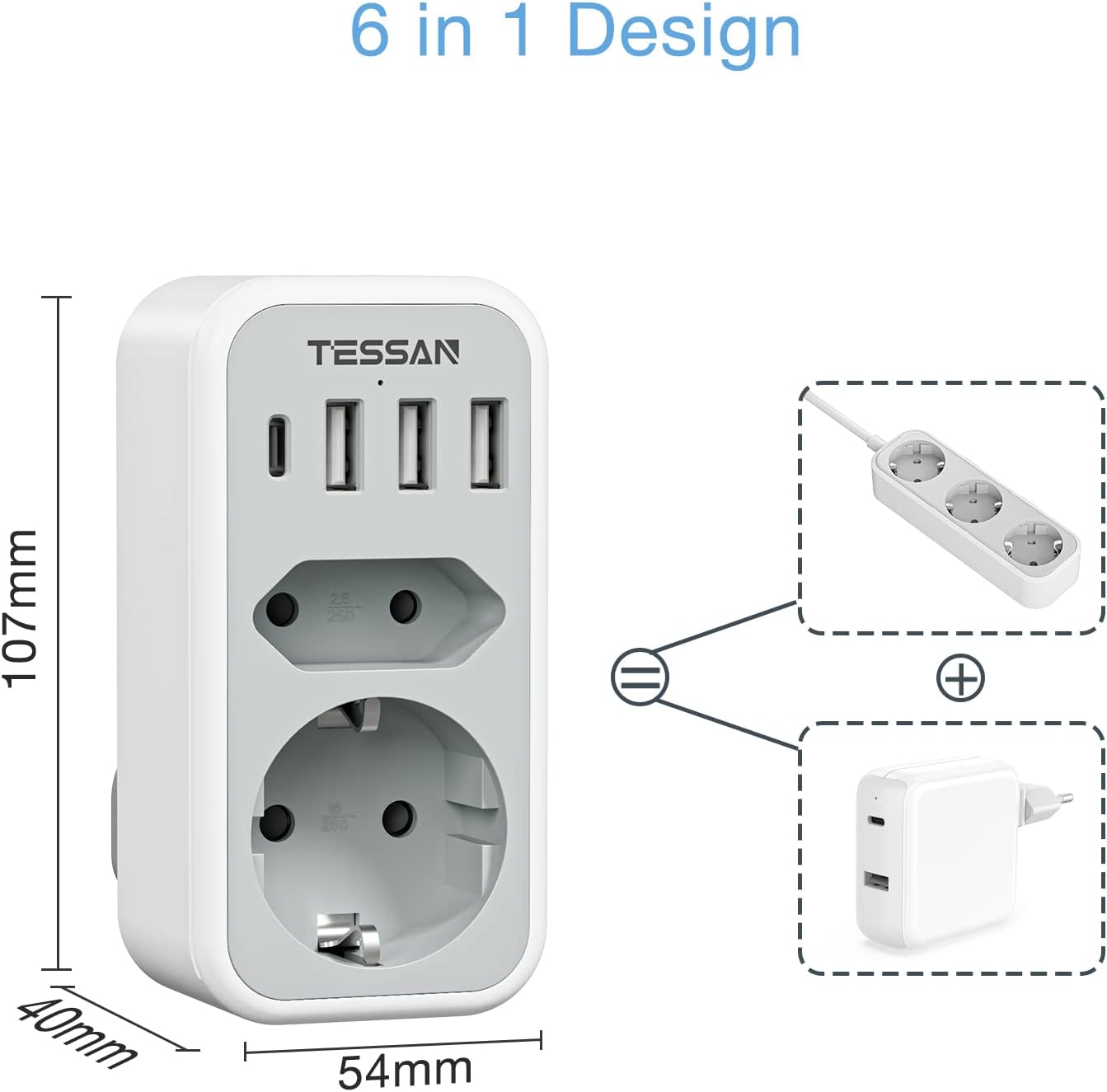 Thumbnail 6 de Adattatore presa Americana 6 in 1 di TESSAN: 1 USB-C, 3 USB e 1 presa AC/US con indicatore luminoso