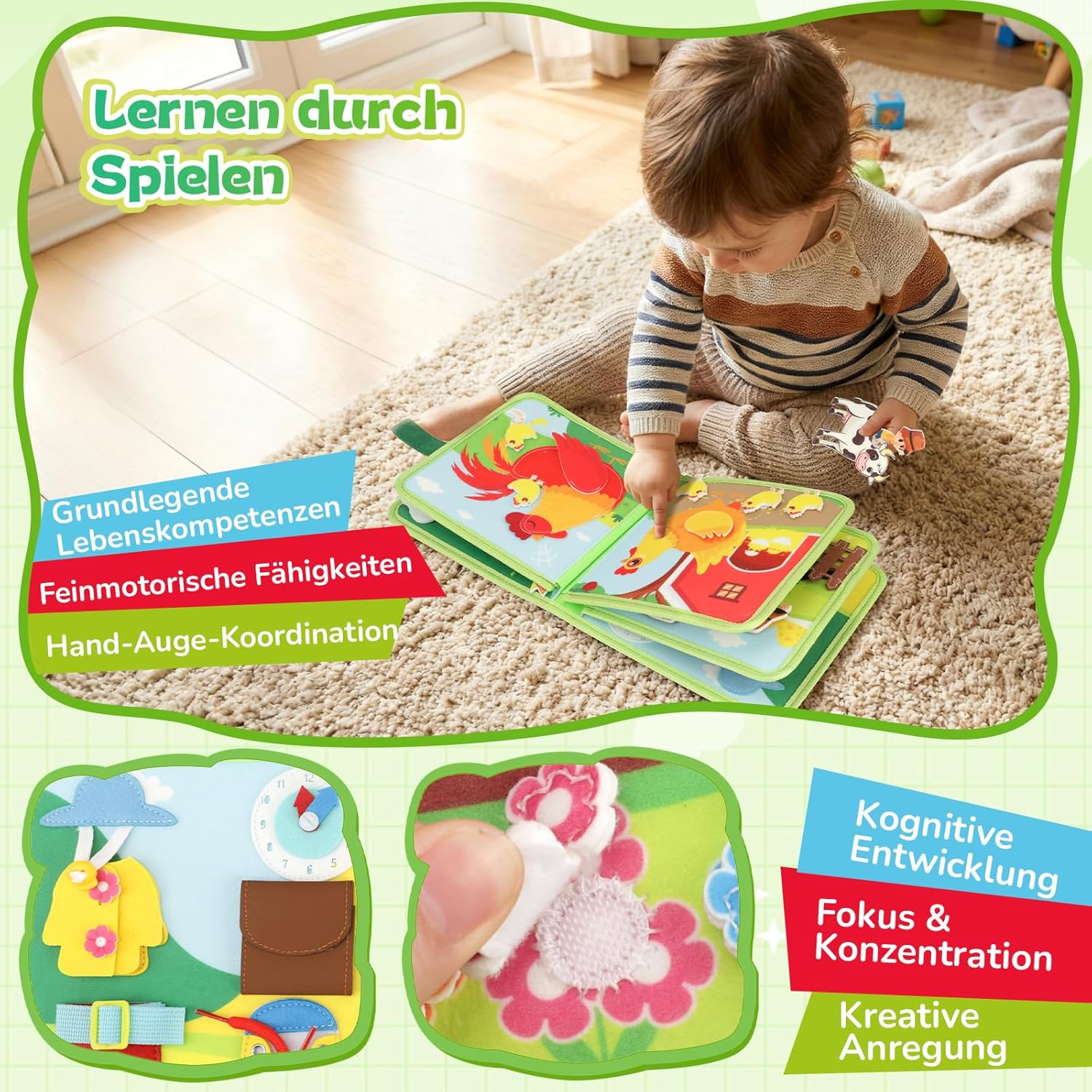 Detalle 2 de Kyteazr Busy Board Montessori Spielzeug ab 1 Jahr – 25-in-1 Quiet Book Bauernhof für unterwegs