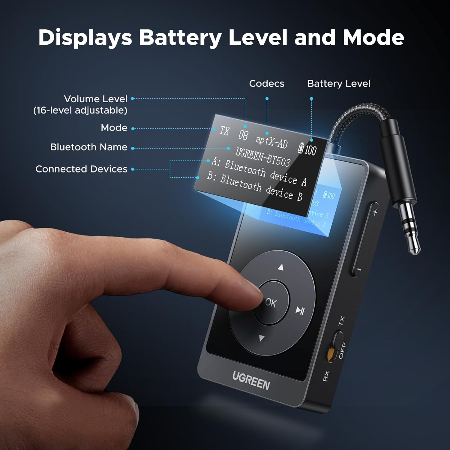 Detalle de UGREEN Bluetooth 5.3 Transmitter Receiver 32H