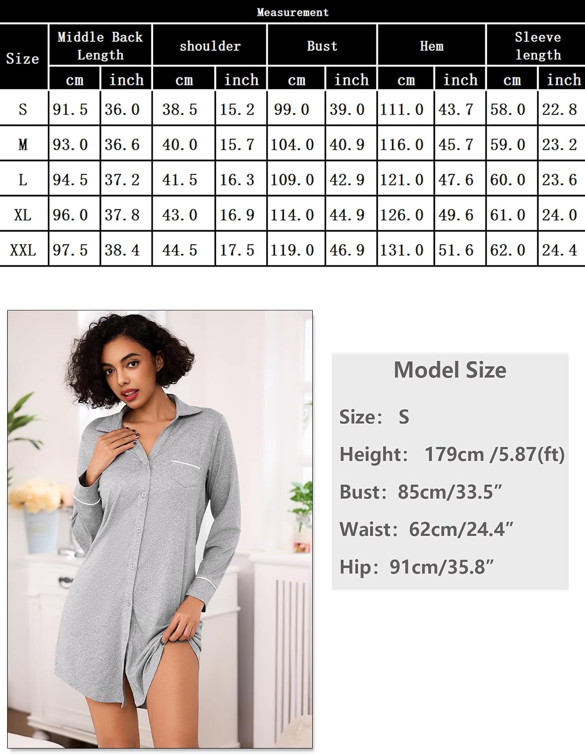 Thumbnail 5 de Bresdk Chemise de nuit femme en coton à manches longues avec boutons (allaitement et maternité)