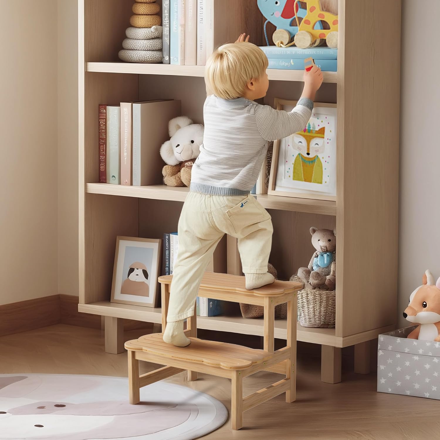 Thumbnail 6 de COSYLAND Kids Step Stool – Wooden Two-Step Stool (Natural) with 300 lb Capacity