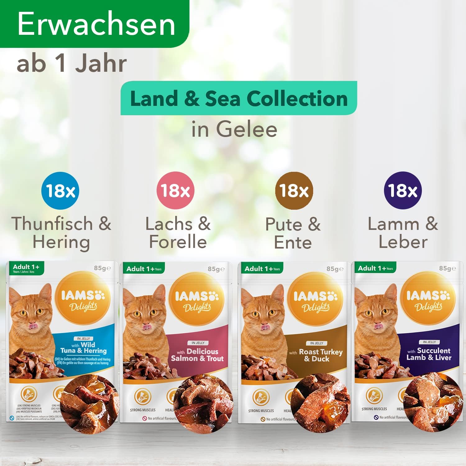 Detalle 2 de Iams Advanced Nutrition Chat Adulte Assortiment Terre Land en gelée – 72 sachets x 85 g