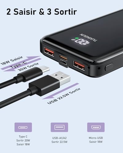 Detalle de Power Bank 22.5W 20000mAh de TUXINSUN — Charge rapide et écran LCD, compacte et fiable