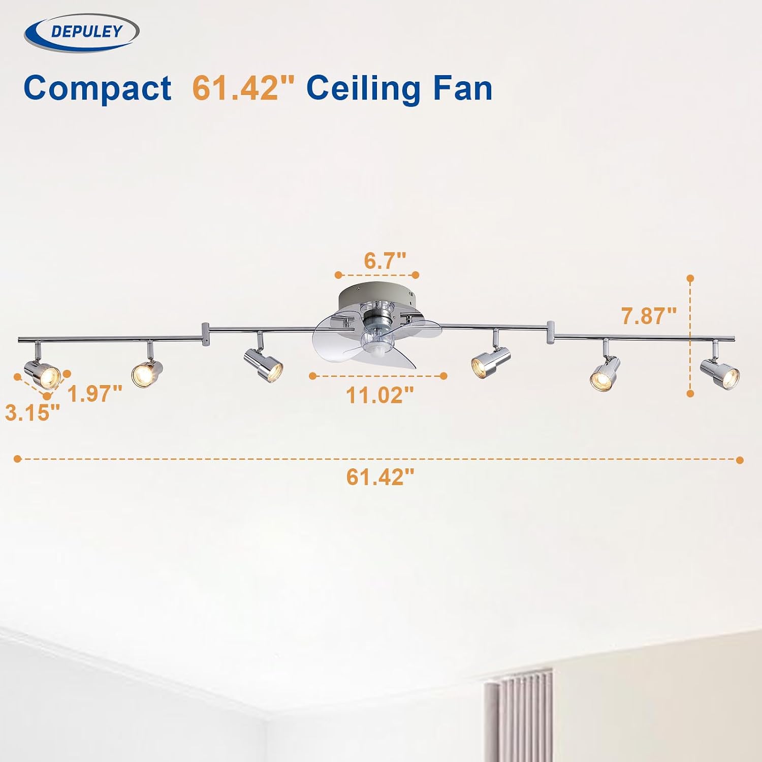 Detalle de Depuley Ceiling Fan with Track Lighting: Chrome 6-Light Track Light and Fan Combo for Bedroom