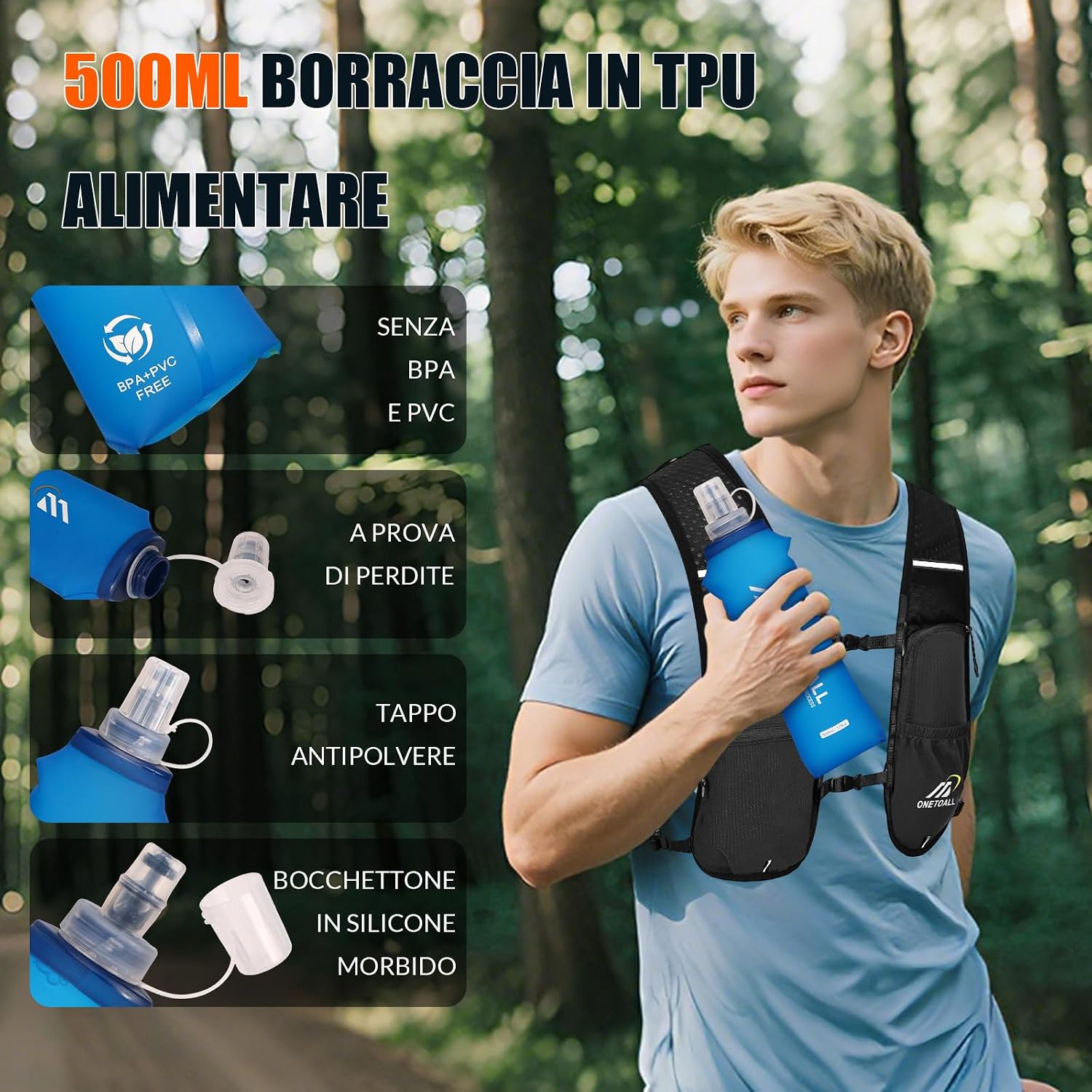 Detalle de ONETOALL Zaino Trail Running: Gilet Running con borraccia 500 ml e sacca idrica 2L, ultraleggero 150 g