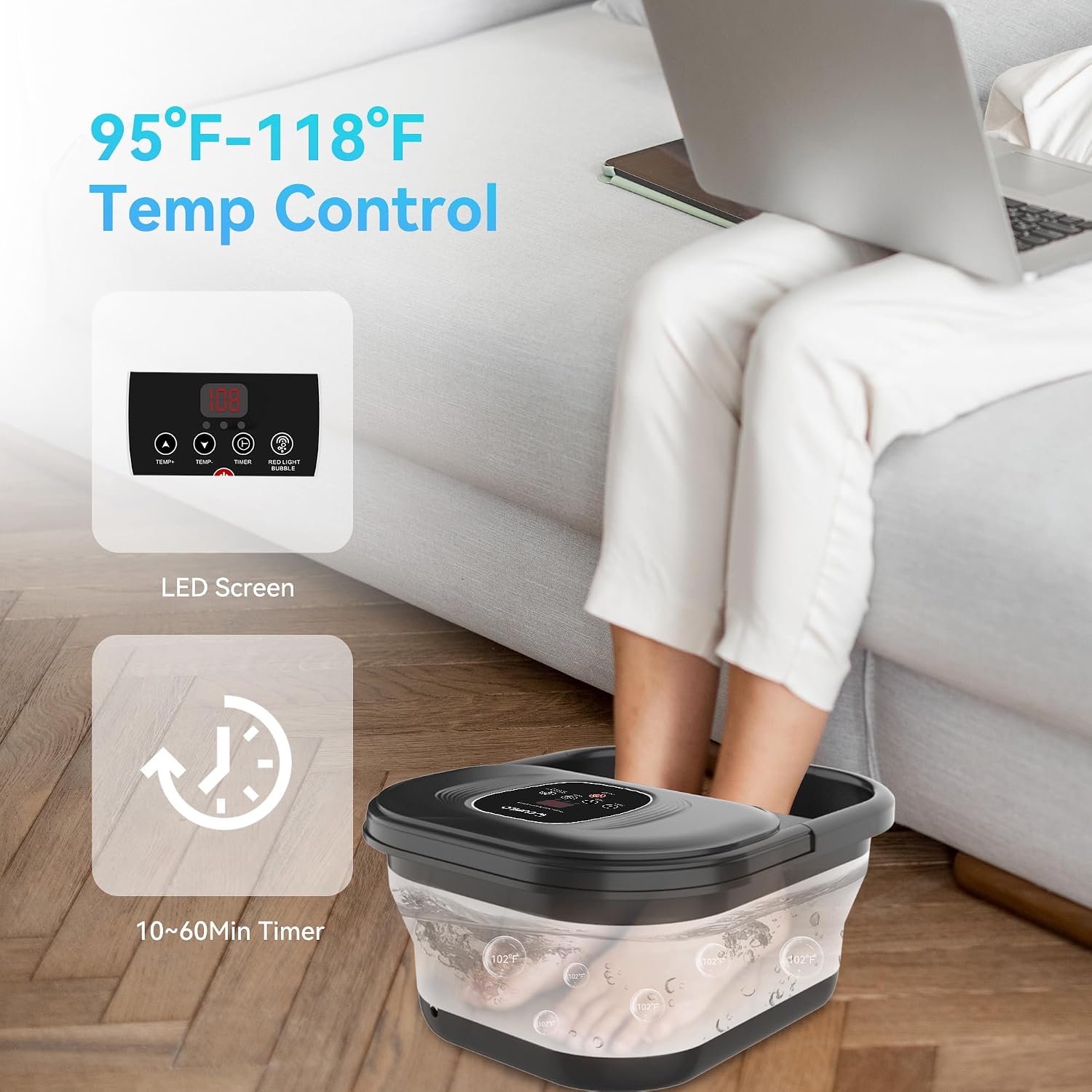 Detalle de Foot Spa Bath Massager with Heat – Collapsible foot soaking tub with bubbles, red light, pumice & shiatsu rollers