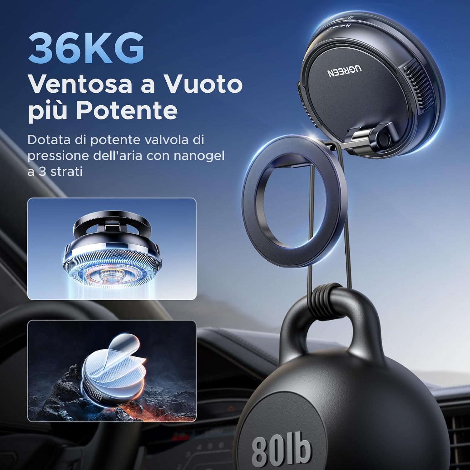 Thumbnail 3 de UGREEN Supporto Telefono Auto MagSafe 2 in 1 con ventosa e adesivo, rotazione 360° (iPhone MagSafe) Nero