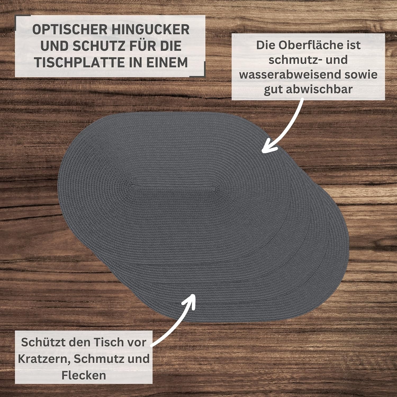 Thumbnail 2 de Venilia Tischset Grau Oval 45 × 30 cm im 4er-Set – gewebt, lebensmittelecht, platzdeckchen