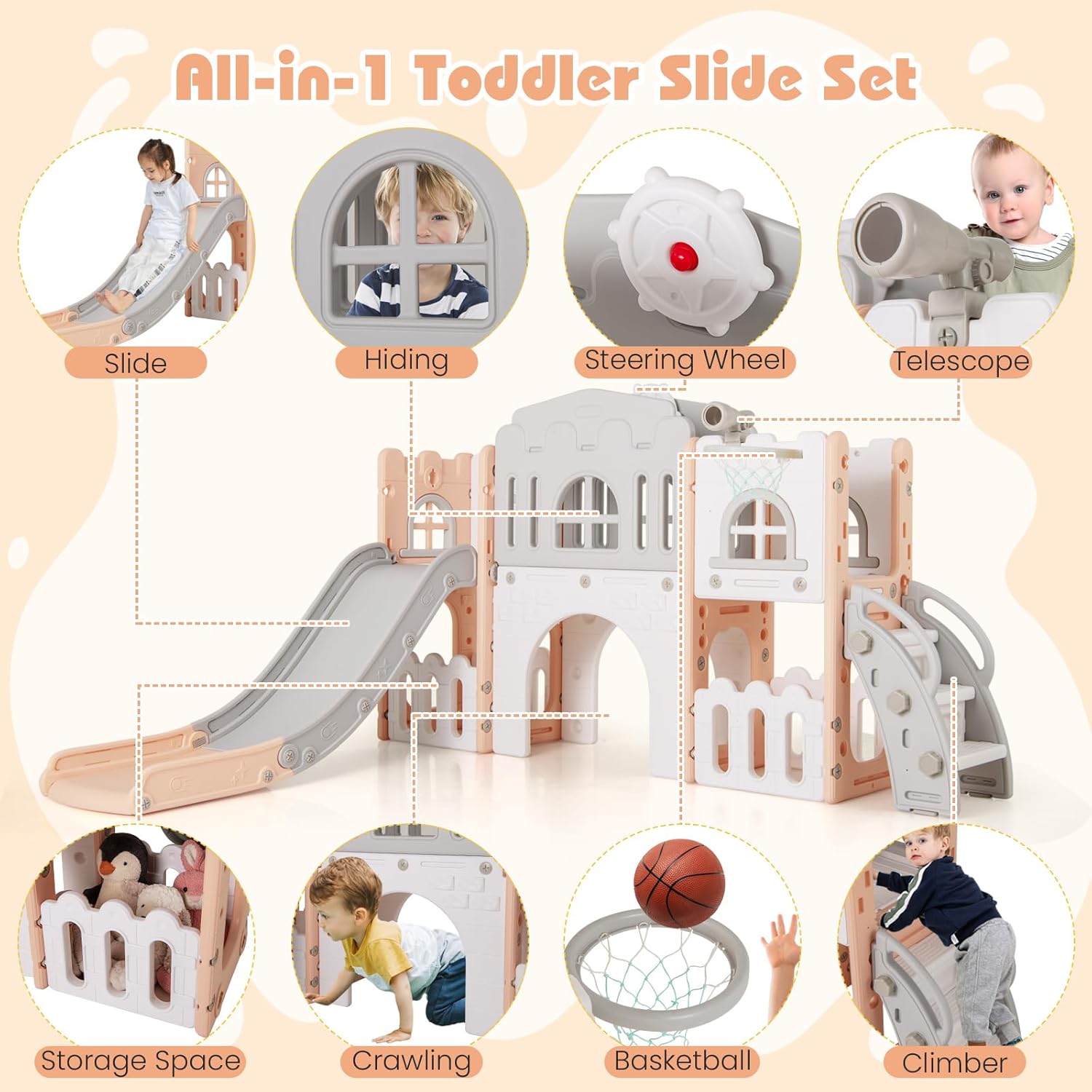 Detalle de Costzon 8 in 1 Toddle Slide Playset – Freestanding Indoor Playground for Kids 1-3 (Pink)