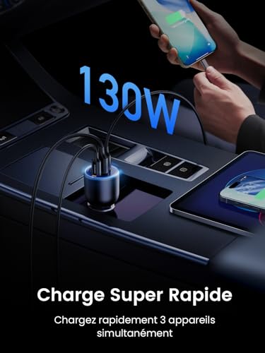 Detalle 2 de UGREEN 130W Chargeur Allume Cigare 3 Ports USB-C 100W – Charge rapide pour voiture