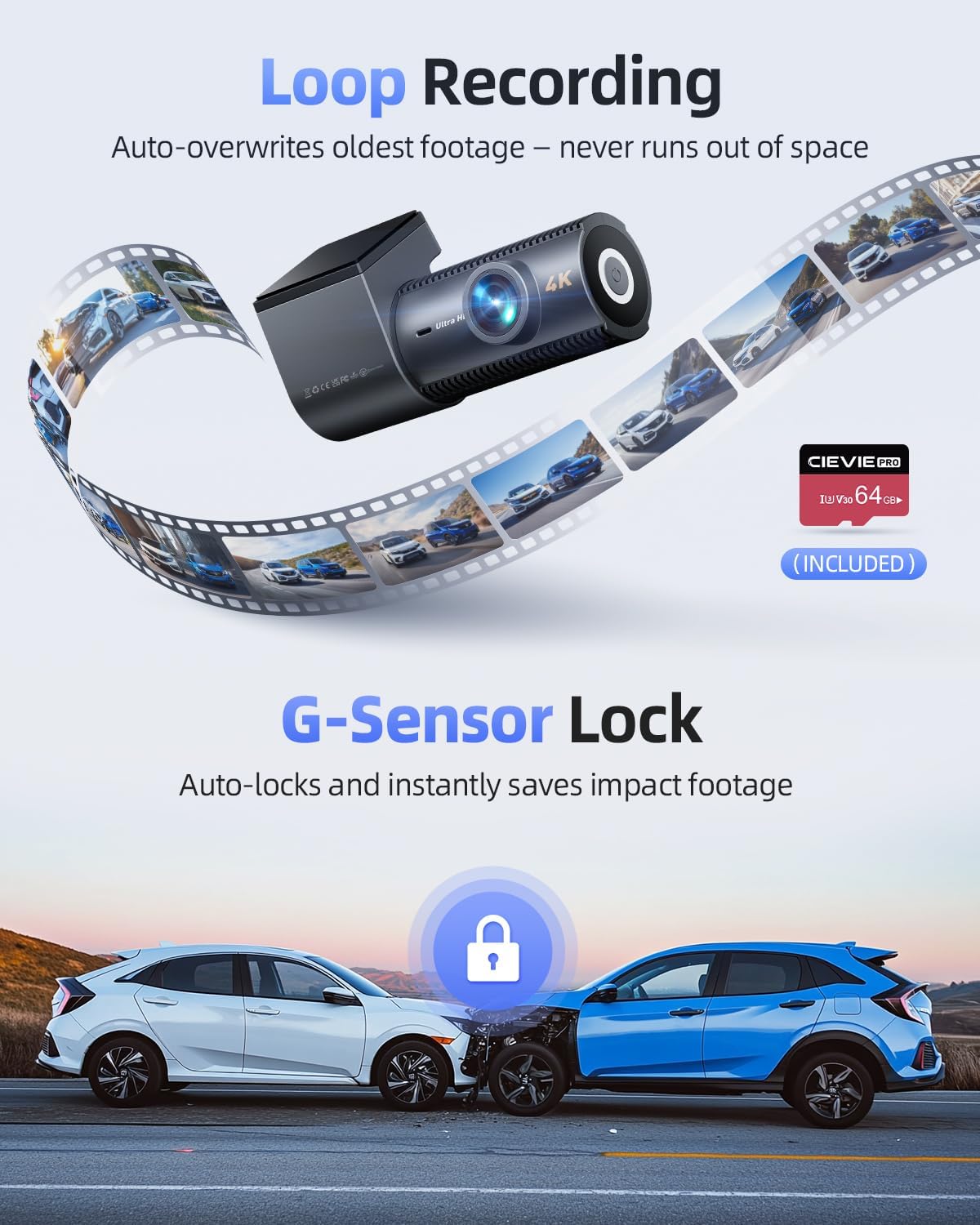 Detalle de CIEVIE 4K Dash Cam Front and Rear with GPS, 5GHz WiFi, 64GB SD Card and 1.5" IPS Screen