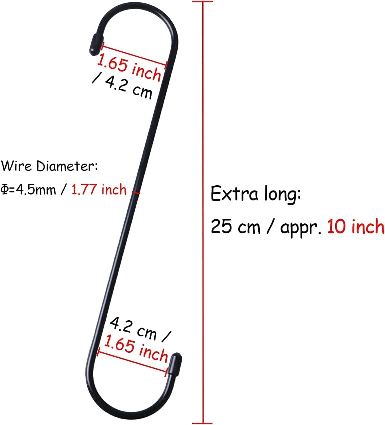 Detalle de Baoswi 3 Stück extra lange S-Haken, 25 cm – robuste schwarze Haken zum Aufhängen von Pflanzen, Küche und Garten
